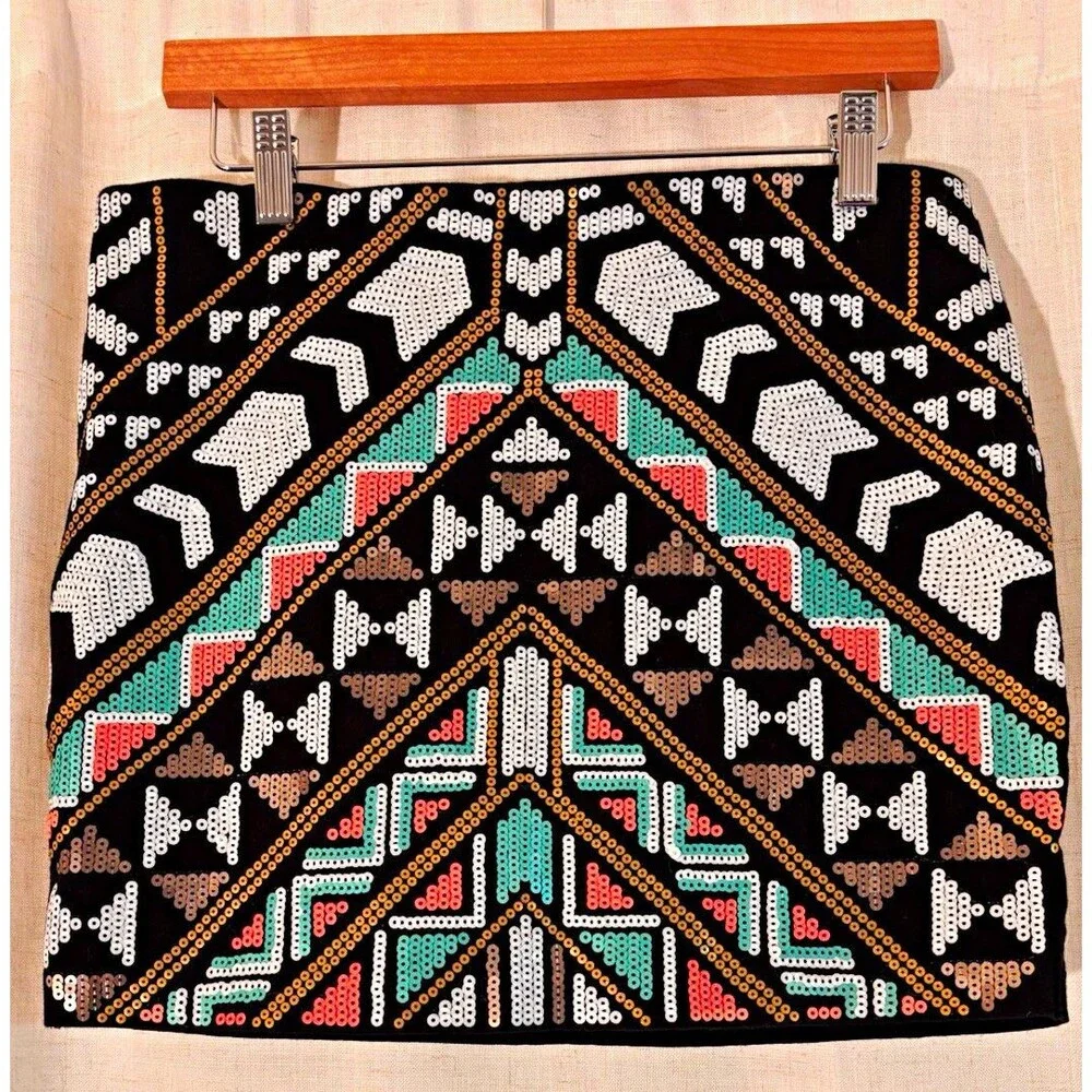 Boho Mod Unique Express Geometric Sequin Mini Skirt Lined Stretch, Size M